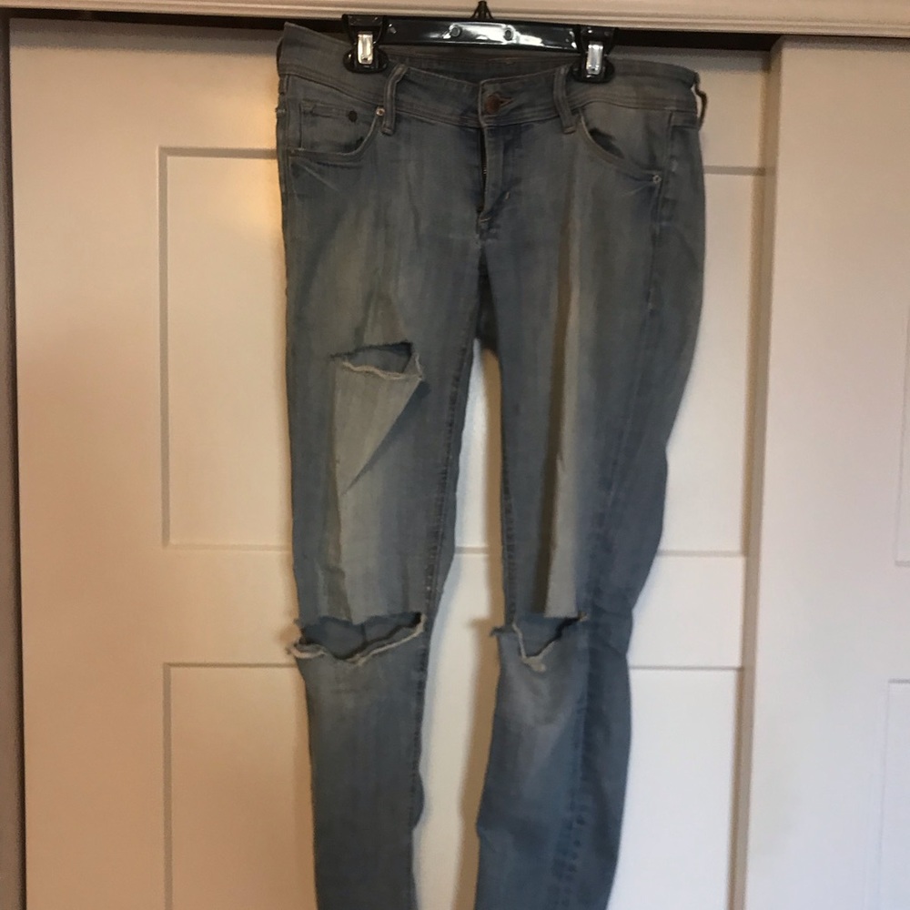 Distressed blue jeans